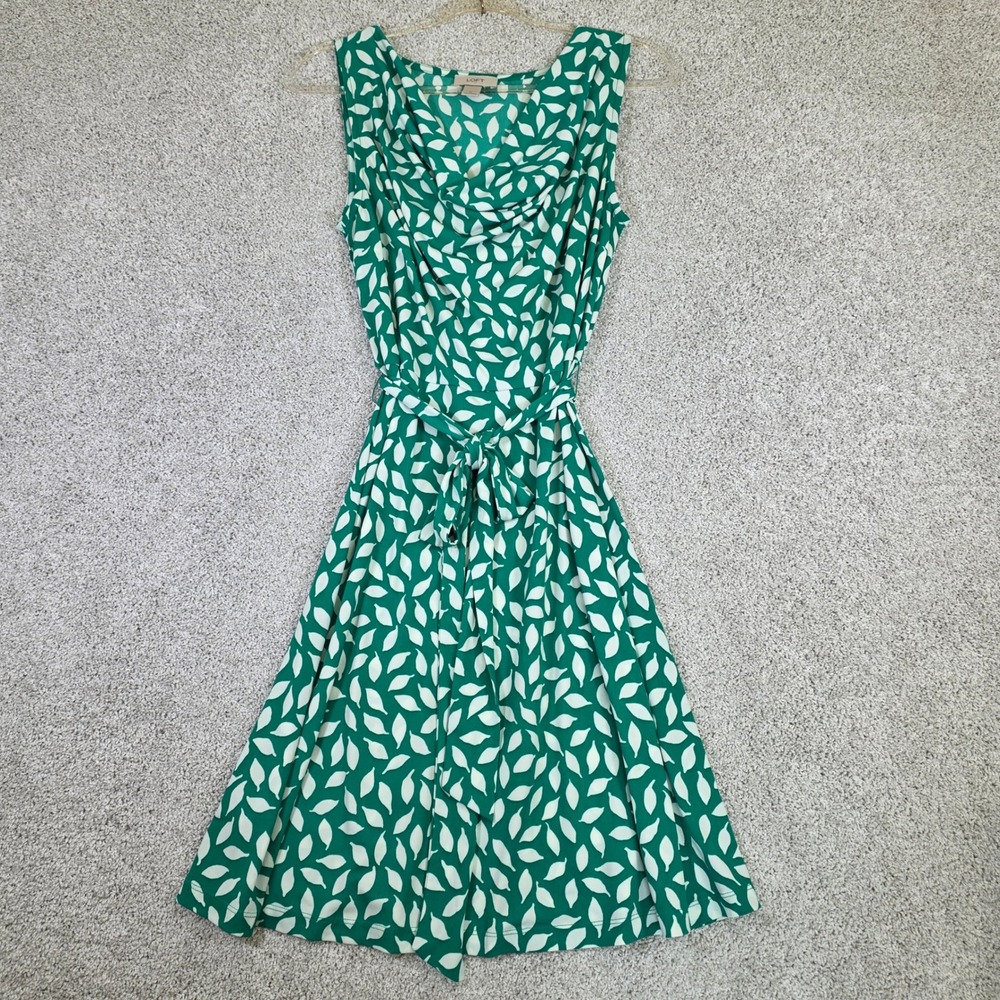 LOFT Sleeveless Dress Womens M Green Leaf Print Cowl Neck Belted Fit n Flare